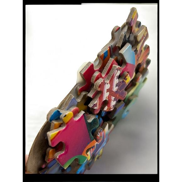 Handmade Brooch Puzzle Pieces 3.5" x 1" Bright Colorful Pin - Picture 5 of 6